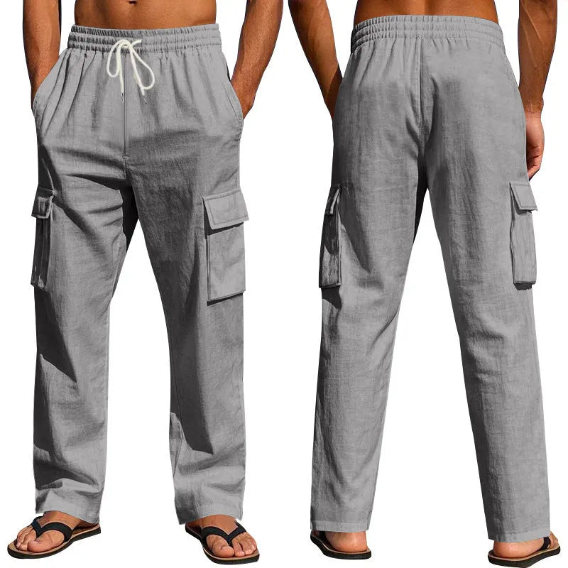 Men's multi-pocket straight linen cargo trousers in khaki, front view with pockets visible.