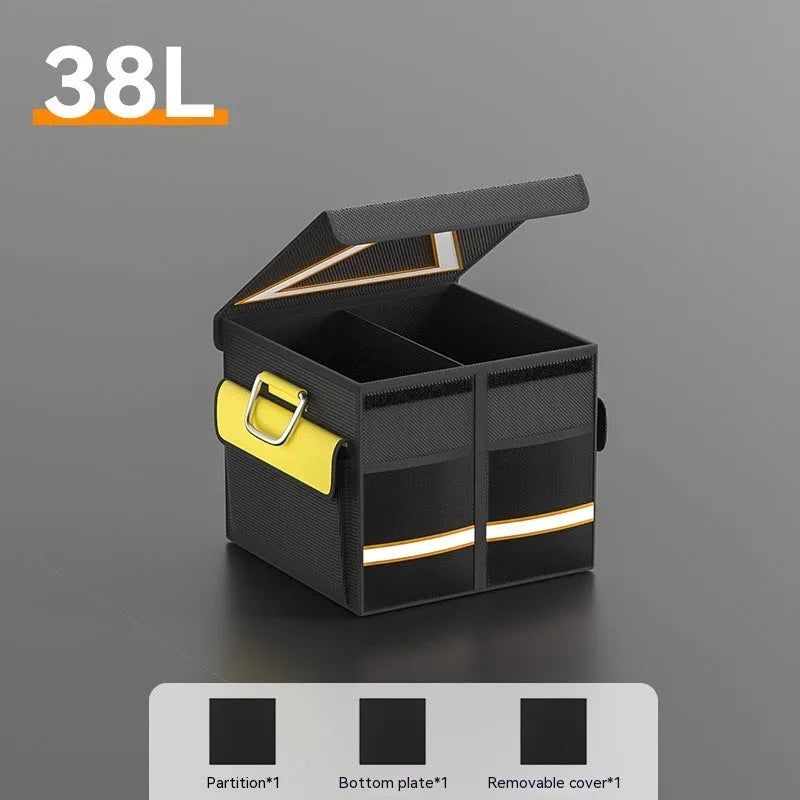 Black and yellow foldable fabric car boot storage organiser bag with handle in three size options.