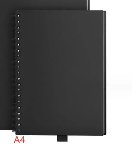 Black PP cover rewritable paper notebook with spiral binding, open to a page with handwriting, pen included