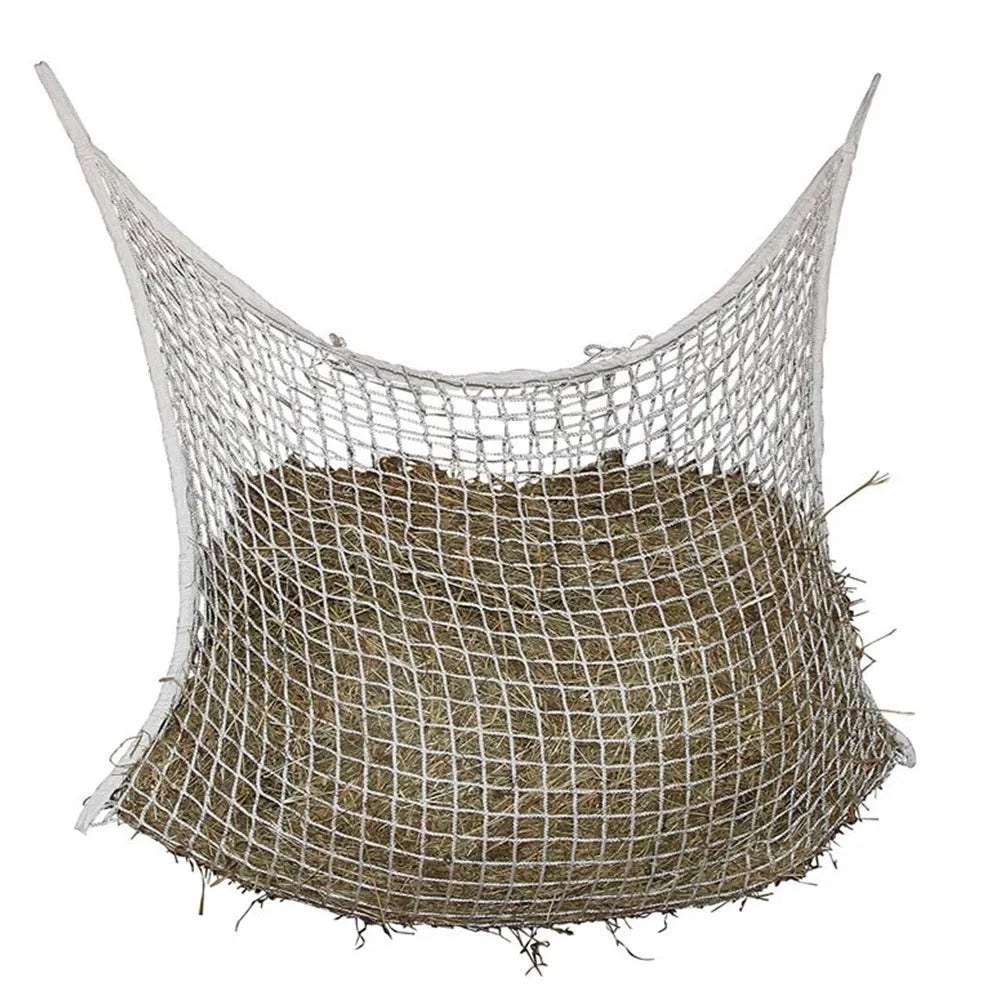 Woven polyethylene rope hanging feeding bag for livestock in a grid design.