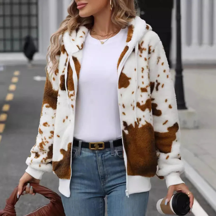 Yellow brown cow animal print hooded cardigan jacket with front zipper