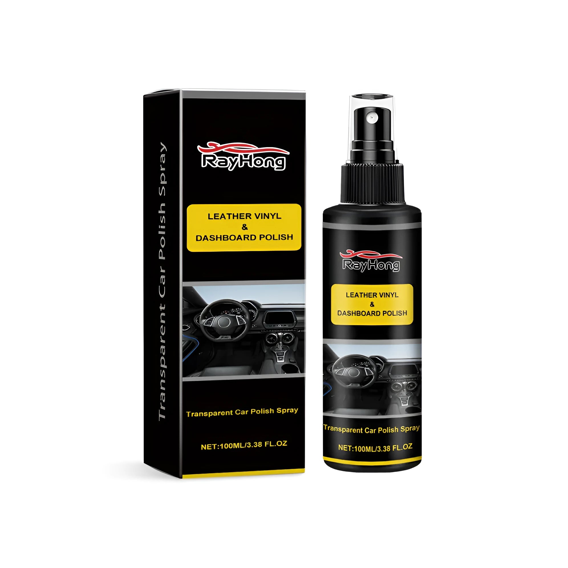 Car polishing spray container measuring 3.7 cm diameter by 14 cm height with box