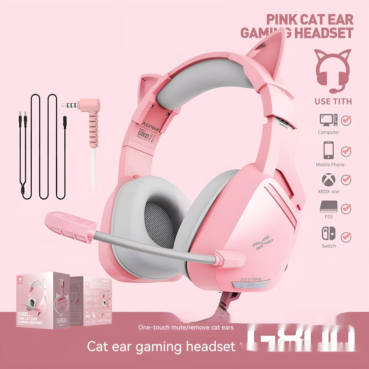 Pink G800 headworn wired earphones with braided cable and 3.5mm L-shaped plug