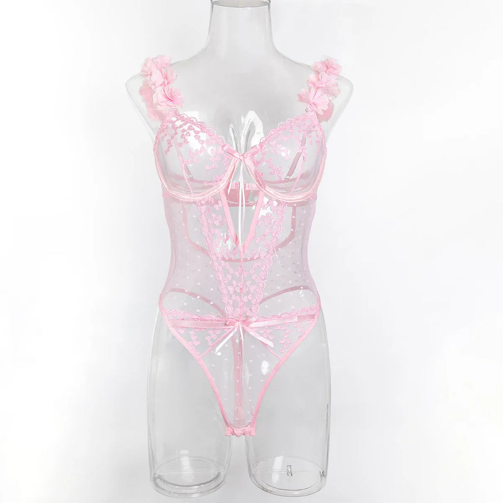Pink Petals Love Embroidered Romantic Lingerie Jumpsuit in Black Mesh Polyester