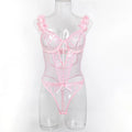 Pink Petals Love Embroidered Romantic Lingerie Jumpsuit in Black Mesh Polyester
