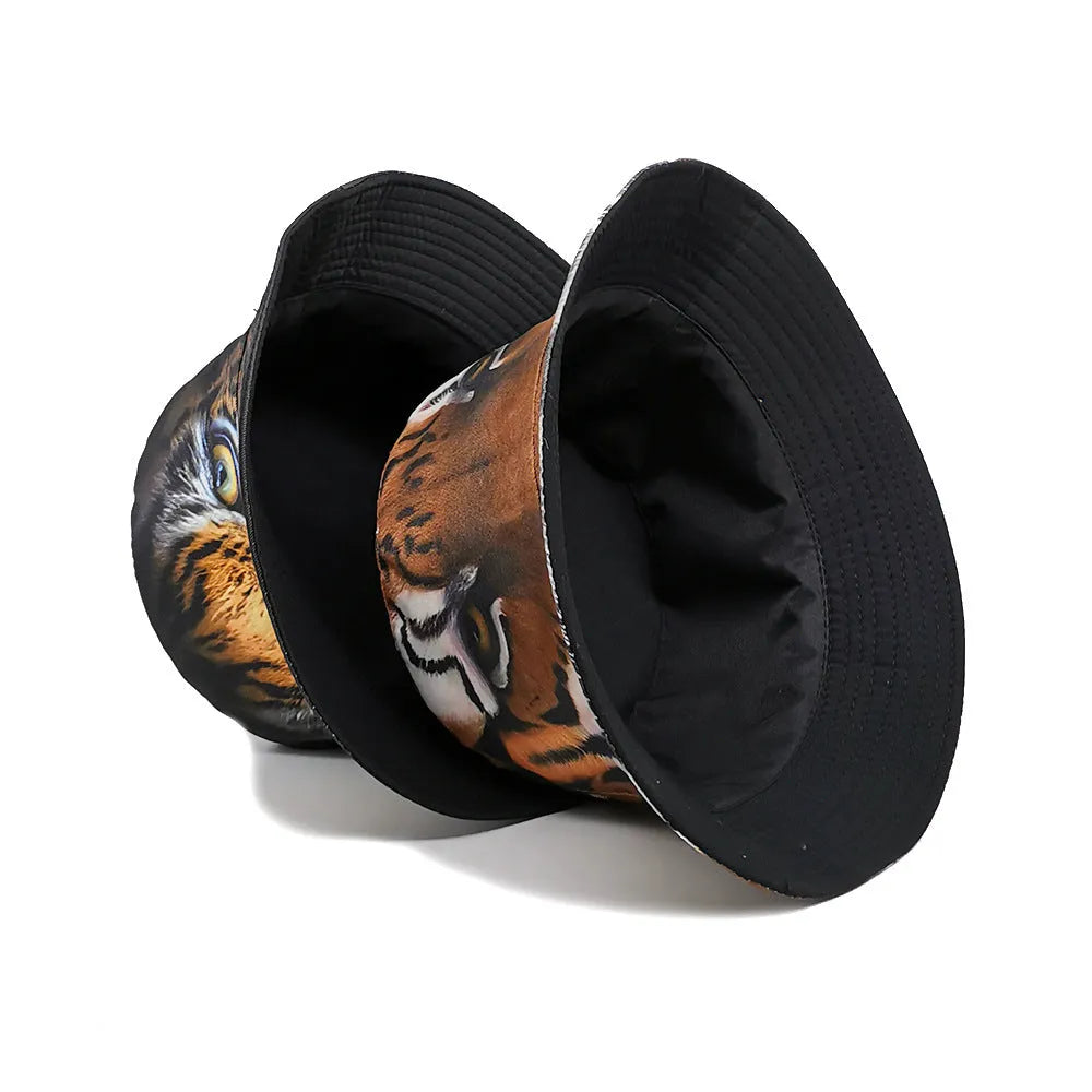 Retro tiger pattern bucket hat with dome crown, polyester, size M 56-58cm, in khaki and black tiger colours