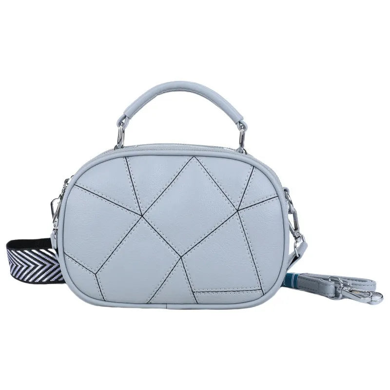 Fashion three-layer retro patchwork small bag in PU, round shape, stitching detail, 20x15 cm