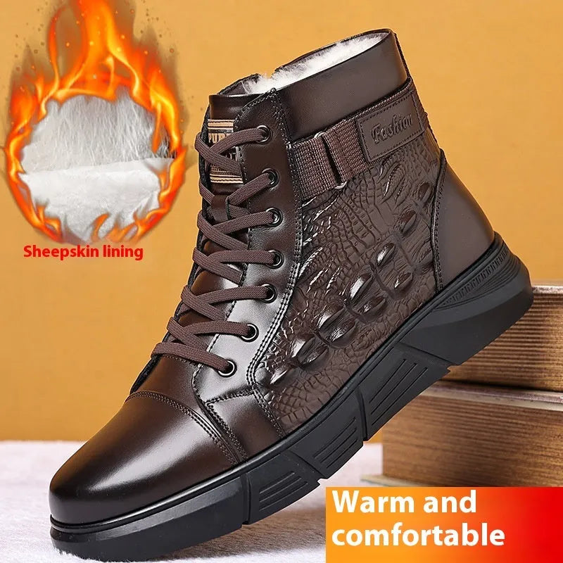 Black genuine leather winter boots with fur lining, round toe, lace-up front, and a rubber sole.