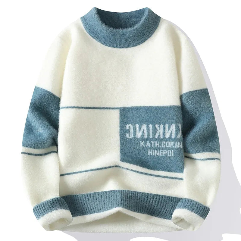 Semi-high neck thickened rabbit hair blend sweater in khaki, slim fit pullover for teenagers