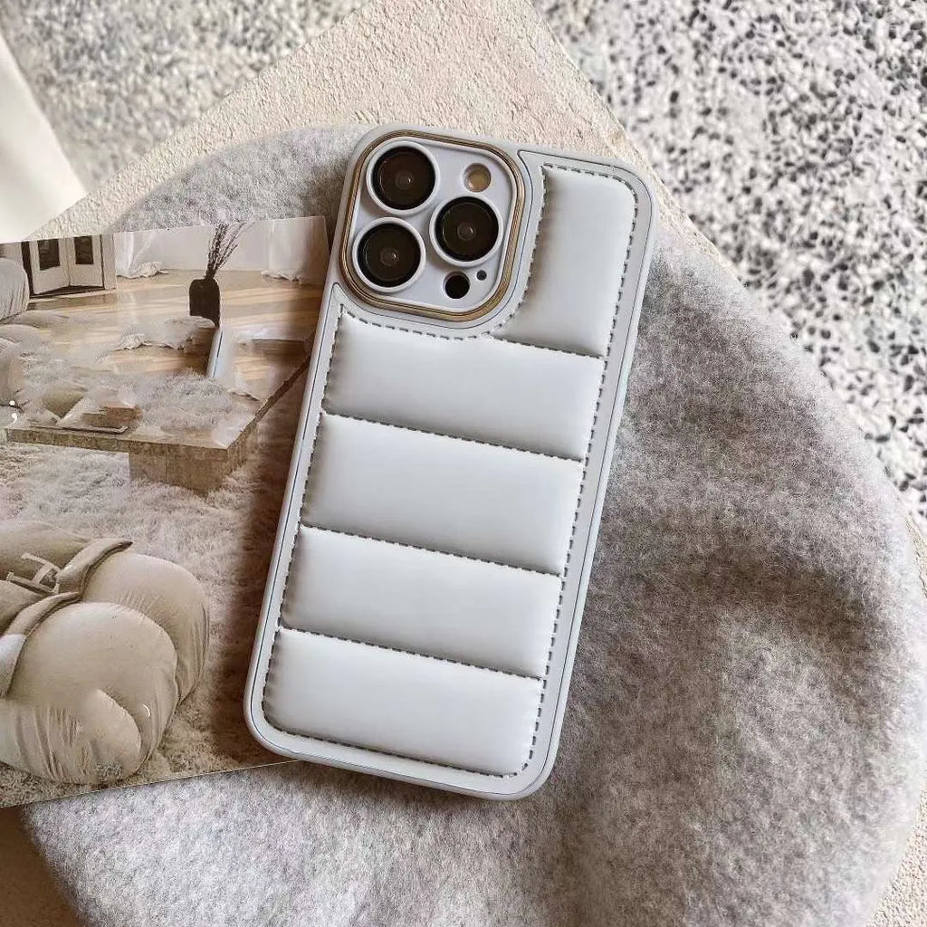 Cotton filled down jacket phone case for Apple iPhone in imitation leather for fall prevention, multiple colours