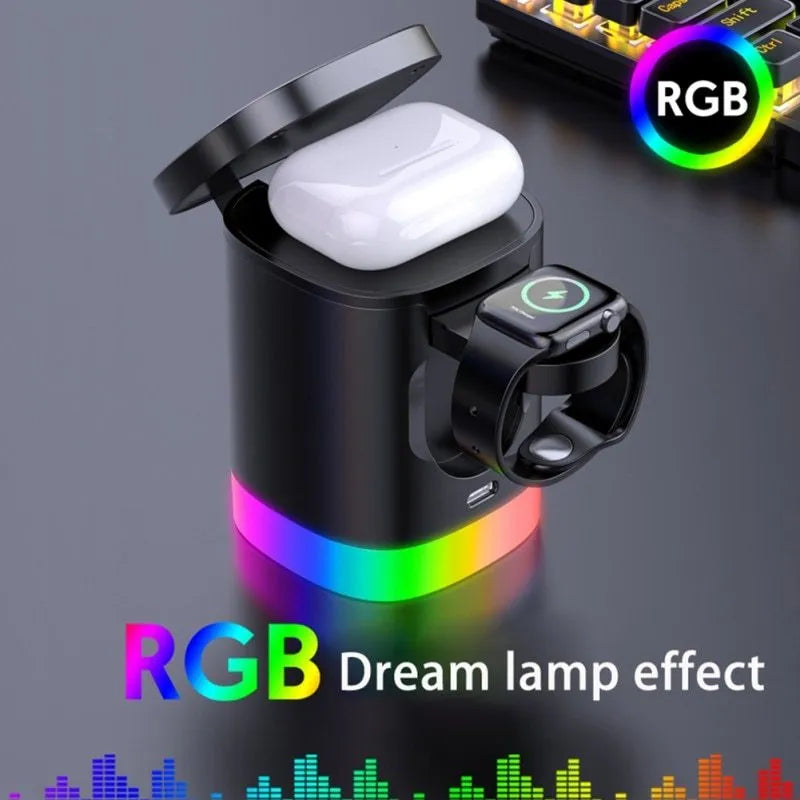Black foldable 3-in-1 magnetic wireless charging station showing phone, watch and earbuds charging with RGB light on.