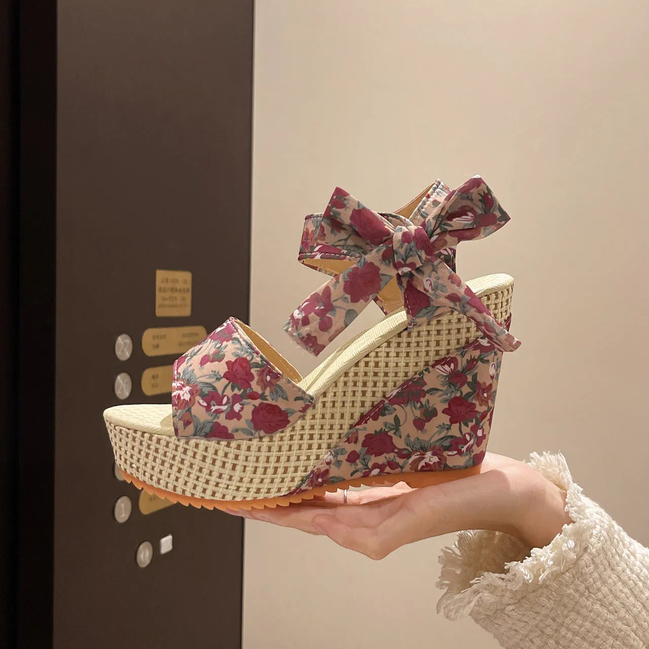 Women's floral wedge sandals with peep toe and ankle strap buckle in available colour options