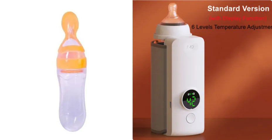 Portable wireless baby bottle warmer with USB charging cable showing wrap-around non-woven design