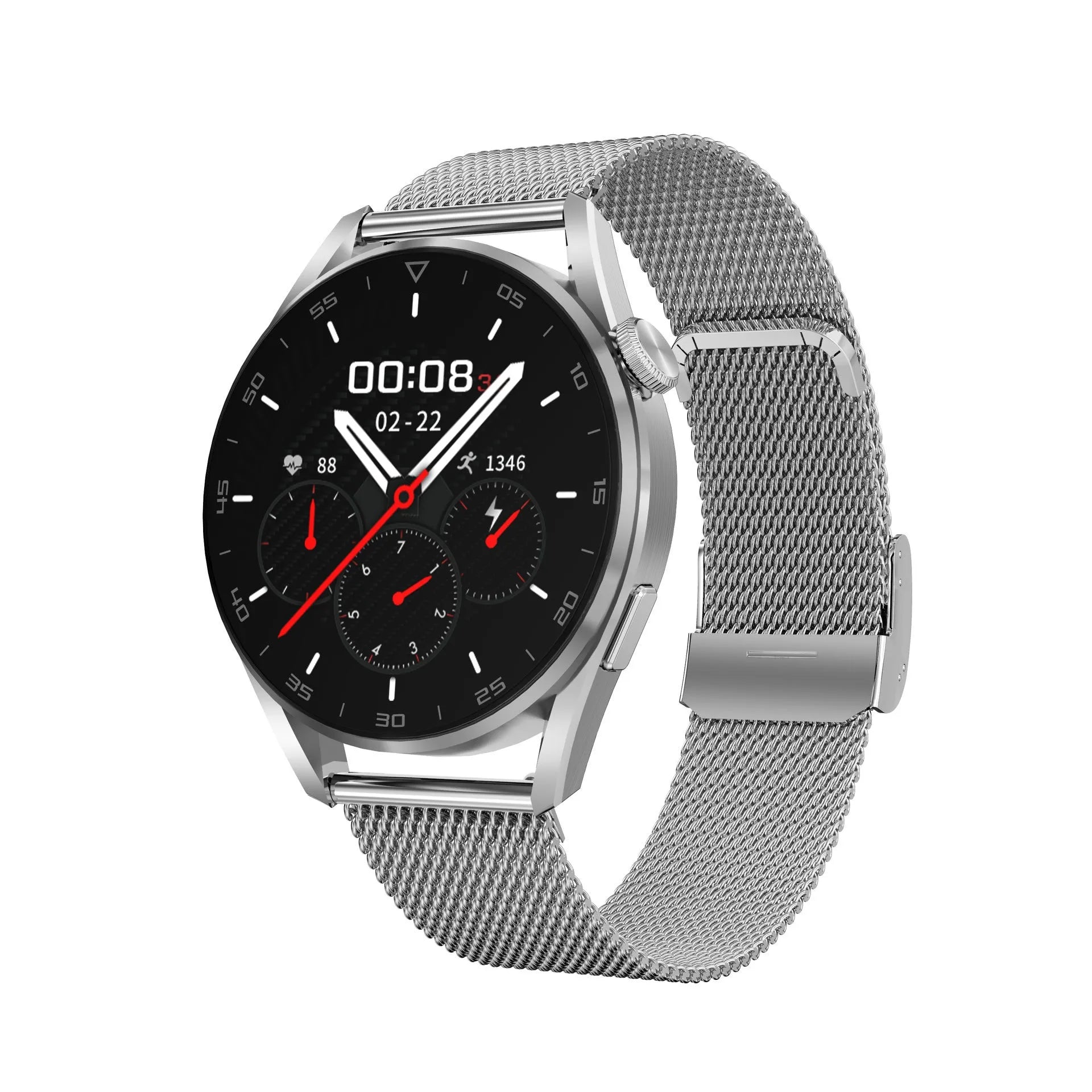 Smart watch with metal wristband showing Bluetooth call function and scan code support on 1.3-inch IPS display
