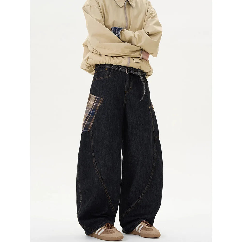 Man wearing loose-fit straight-leg plaid casual trousers in a retro style