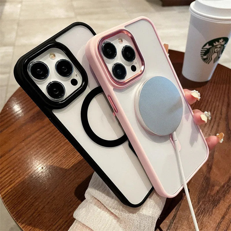 Acrylic magnetic soft edge phone case for Apple iPhone 11-15 series in black, showing camera cutout and soft bumper