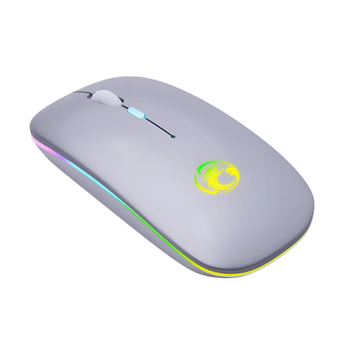 Black and white rechargeable dual-mode wireless mouse with silent buttons on a desk.