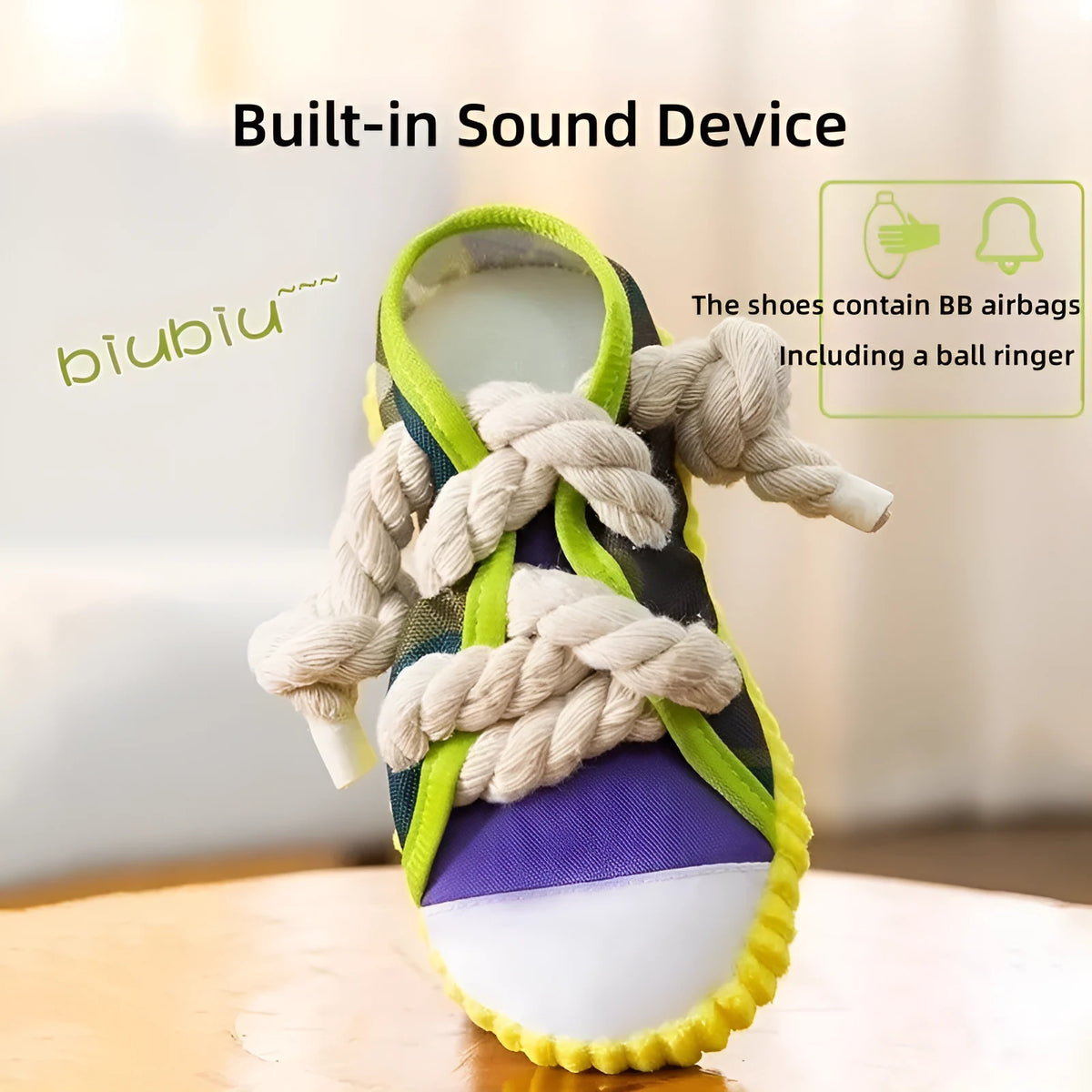 Dog toy shaped like cotton rope slippers with shoelaces, sole patterns, and built-in sound devices for playtime