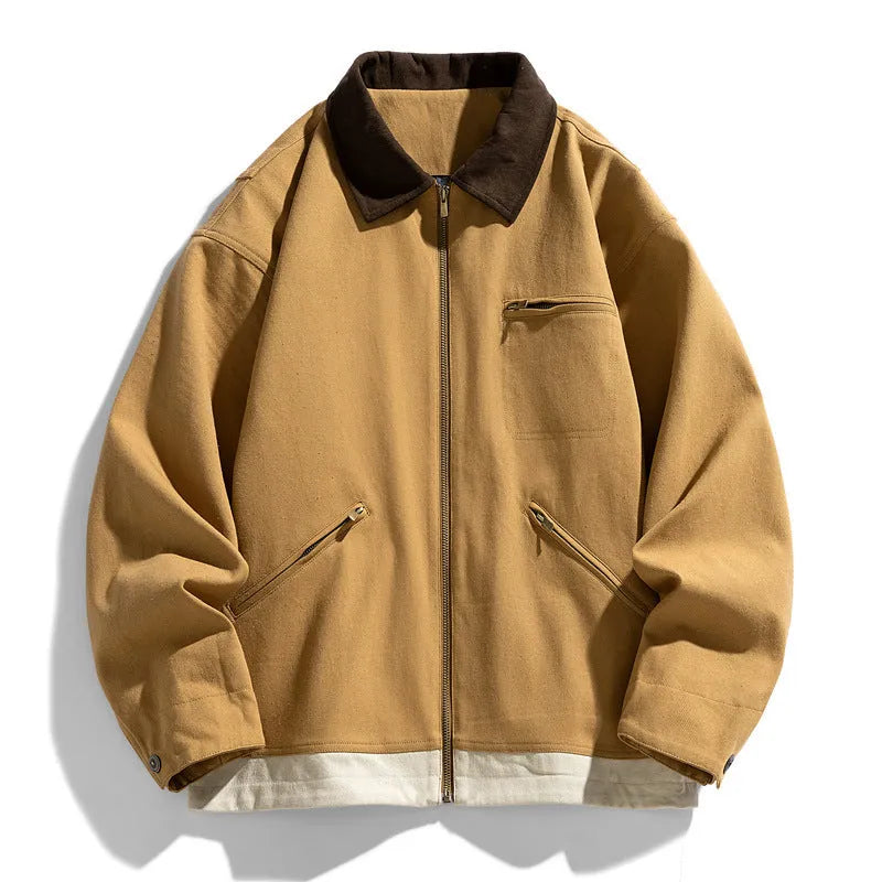 Men's loose fit casual jacket with contrast colour lapels and side seam pockets in retro workwear style