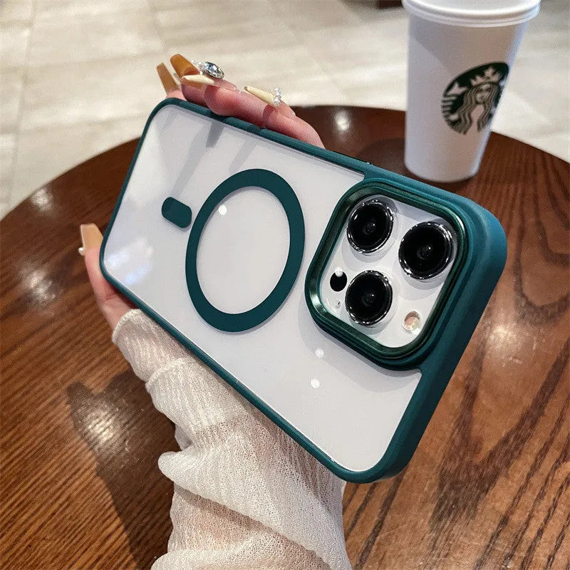 Acrylic magnetic soft edge phone case for Apple iPhone 11-15 series in black, showing camera cutout and soft bumper