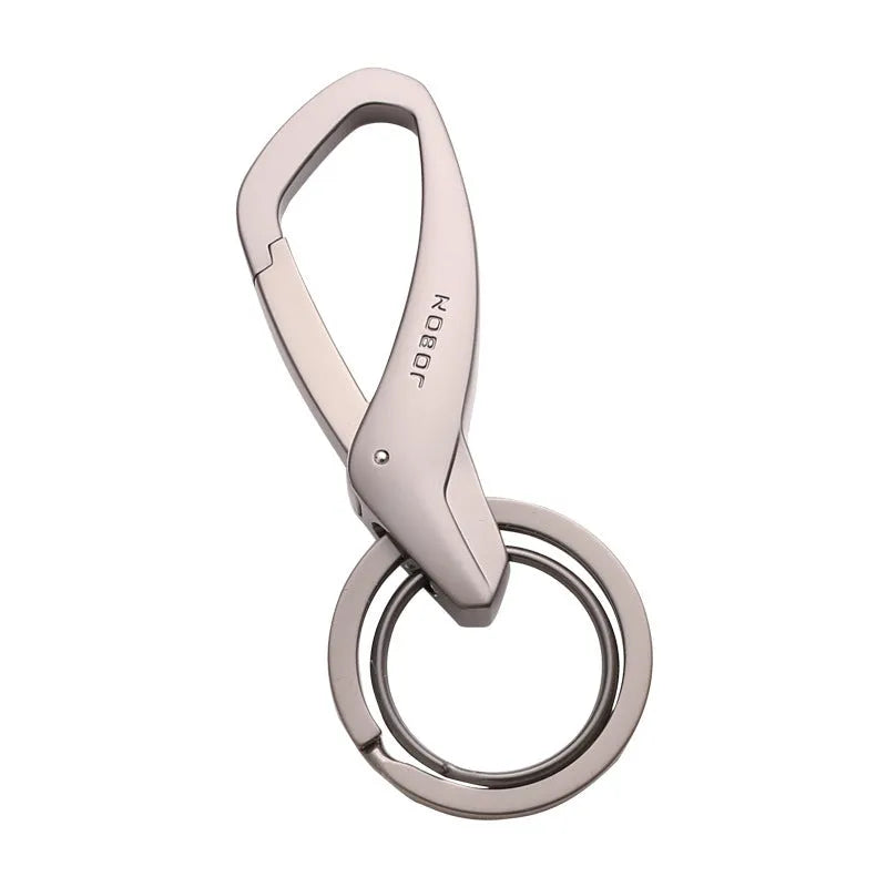 Black zinc alloy double ring car keychain attached to a belt loop.