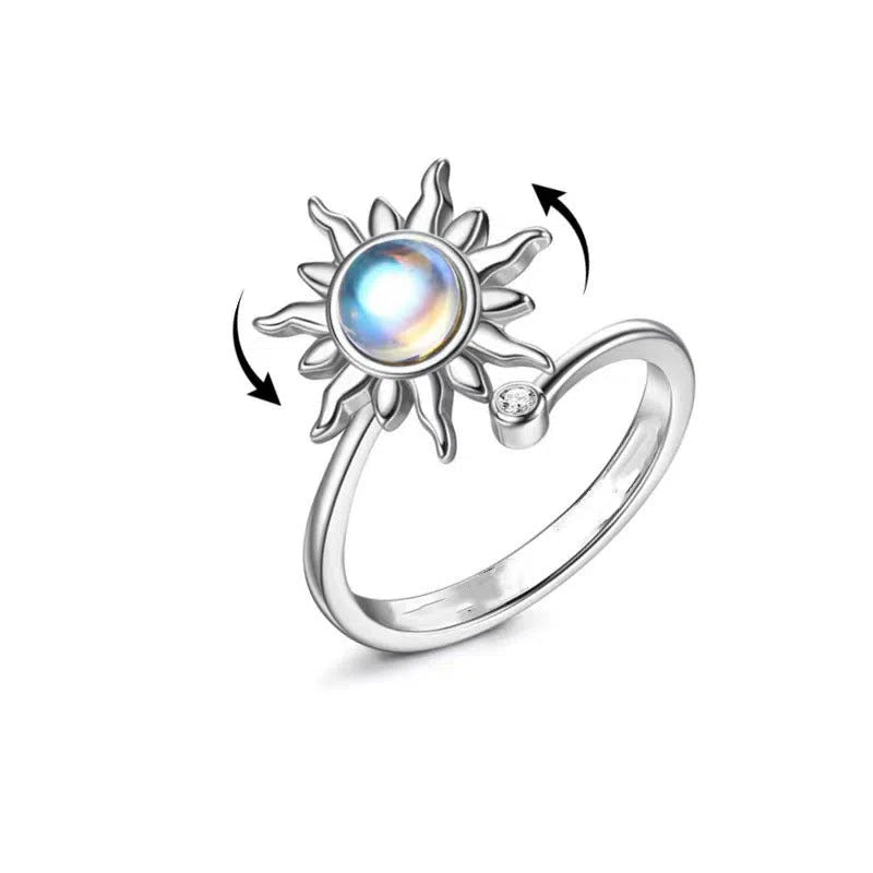 Rotating sunflower relief ring with adjustable copper band and zircon inlay