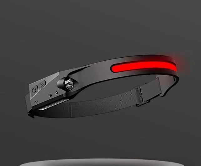 Black silicone USB rechargeable LED headlamp with side wave sensor, showing wide beam and long-range lighting.