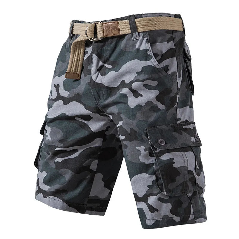 Men's pure cotton camouflage shorts in black and white, fifth-pant length, mid-waist straight-leg cut