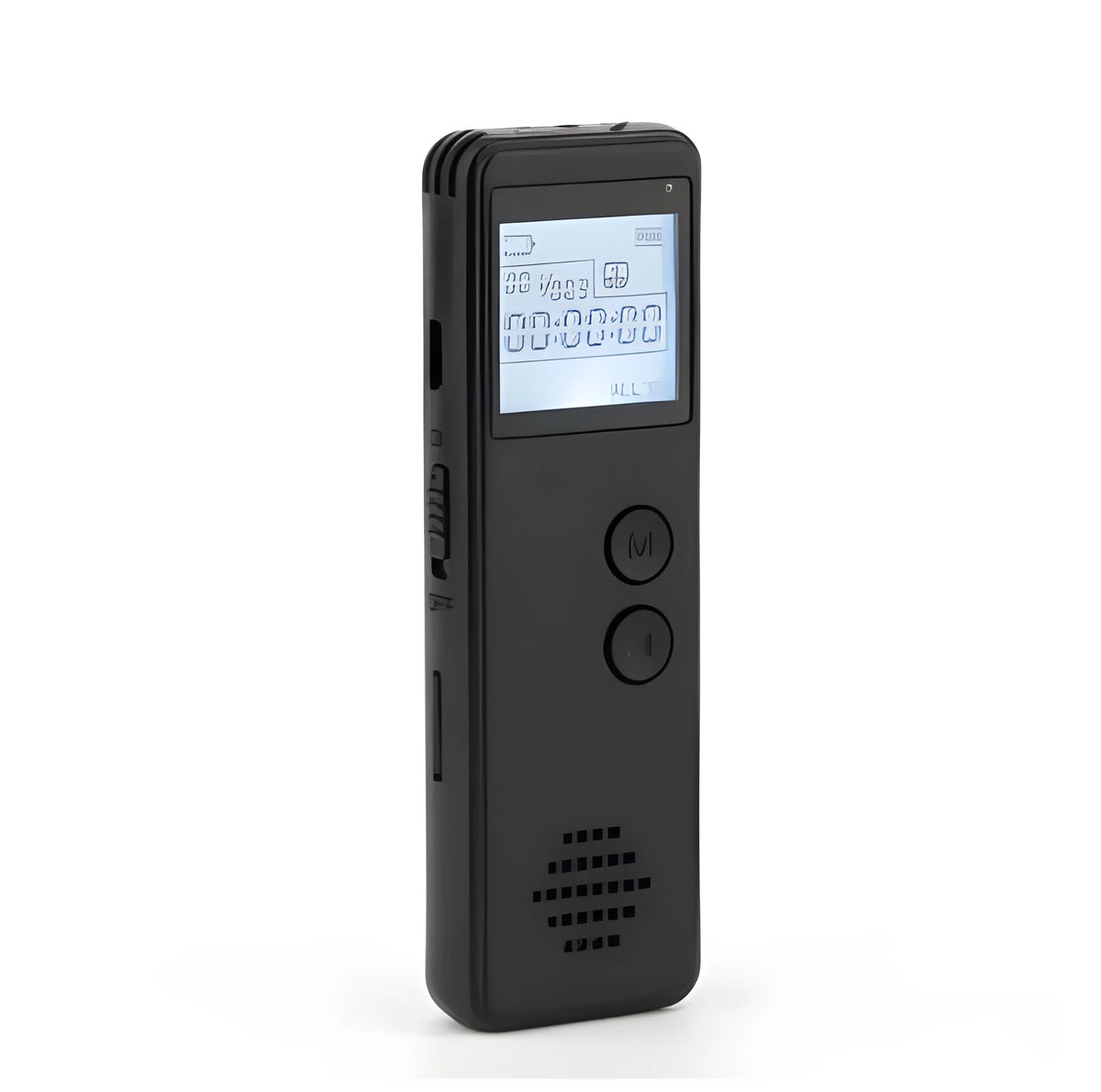 Long distance MP3 digital voice recorder with noise reduction, one-key recording, 128Kbps, black ABS casing