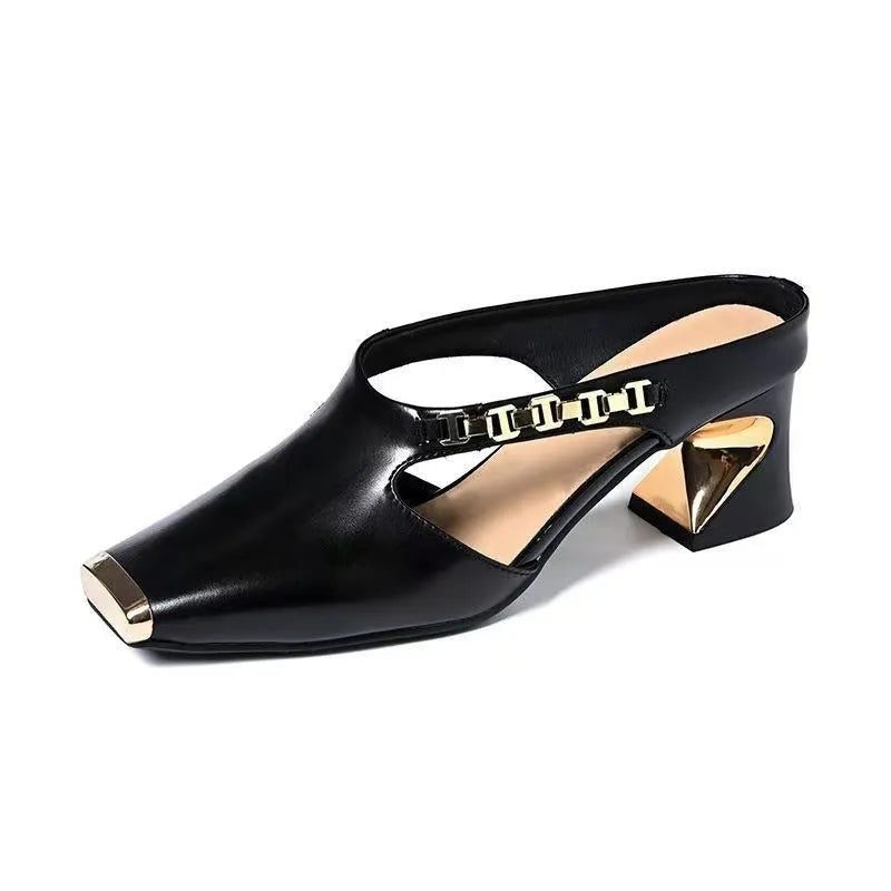 Metal Tilta French retro square toe sandals with PU upper and rubber sole in black and white
