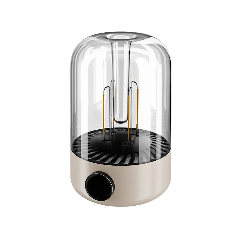Beige and black camping ambience lamp with dual light sources and USB charging port