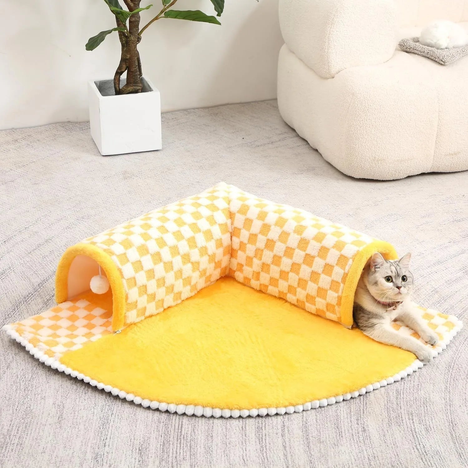 Coffee-colour fan-shaped plush pet bed tunnel for dogs and cats with a thick padded mat and anti-slip base.