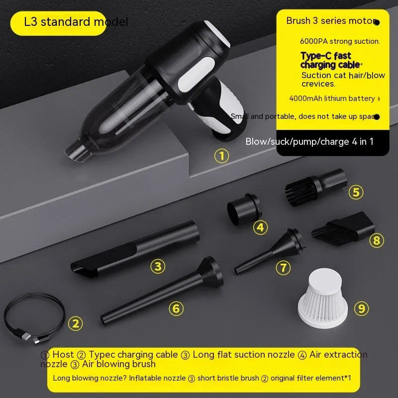 Black cordless handheld car vacuum cleaner with attached brush nozzle and charging cable.