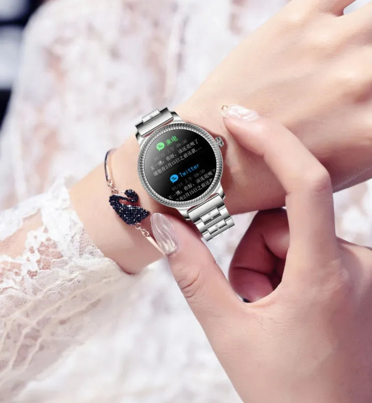 AK38 Ladies Smart Watch with stainless steel wristband and 1.09-inch colour screen