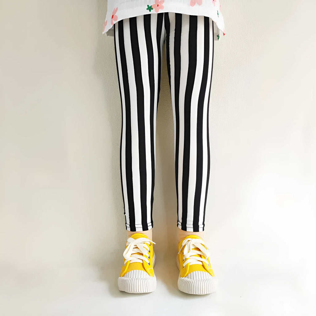 Children's milk silk leggings in vertical stripes pattern with hairband belt, mid-waist fit, suitable for 100-150cm height