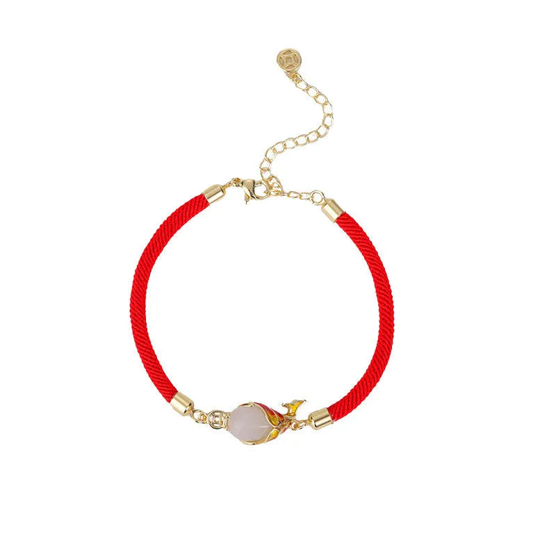 Copper carp literary necklace and matching bracelet with red rope strap, retro women's jewellery set.