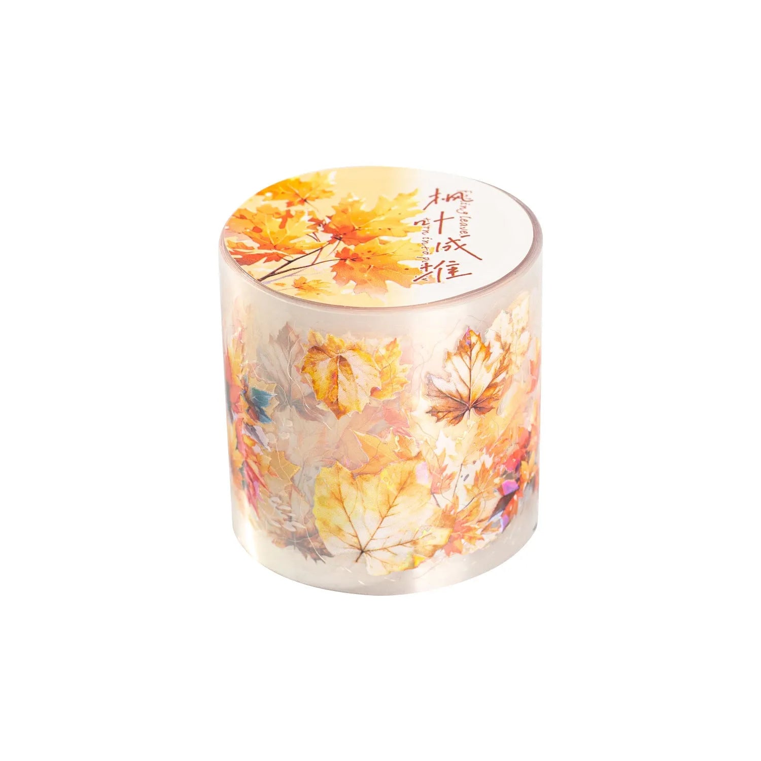 Deciduous Poetry Series PET decorative sticker roll showing autumn leaf patterns in six colours, 40mm wide.