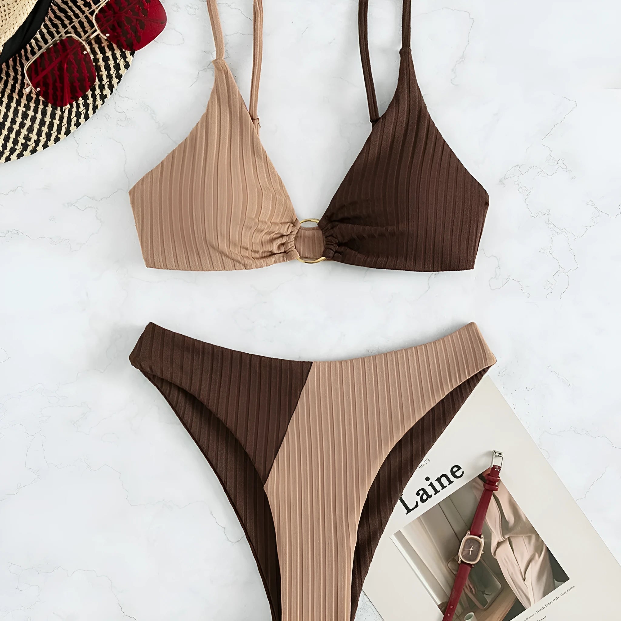 Solid colour stitching bikini set for women in lake blue with sleeveless top and brief bottom, polyester fabric