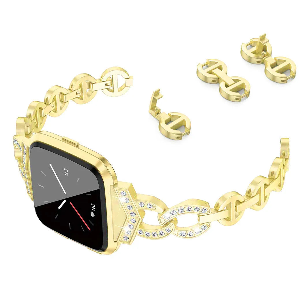Zinc alloy metal watch strap with decorative stones for Fitbit Versa in silver finish