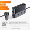 Black multi-port car charger with USB, QC, and PD ports plugged into a vehicle cigarette lighter socket.