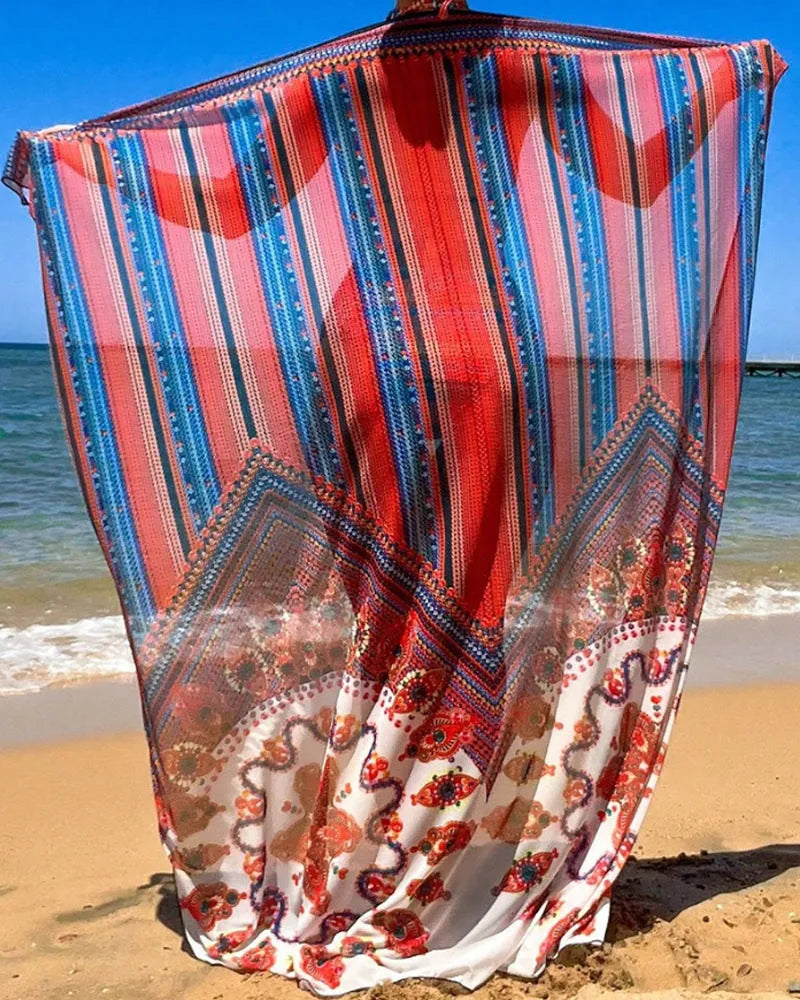 Women's three-piece swimsuit set showing high-waist briefs, sleeveless cutout top, and matching swim coat.