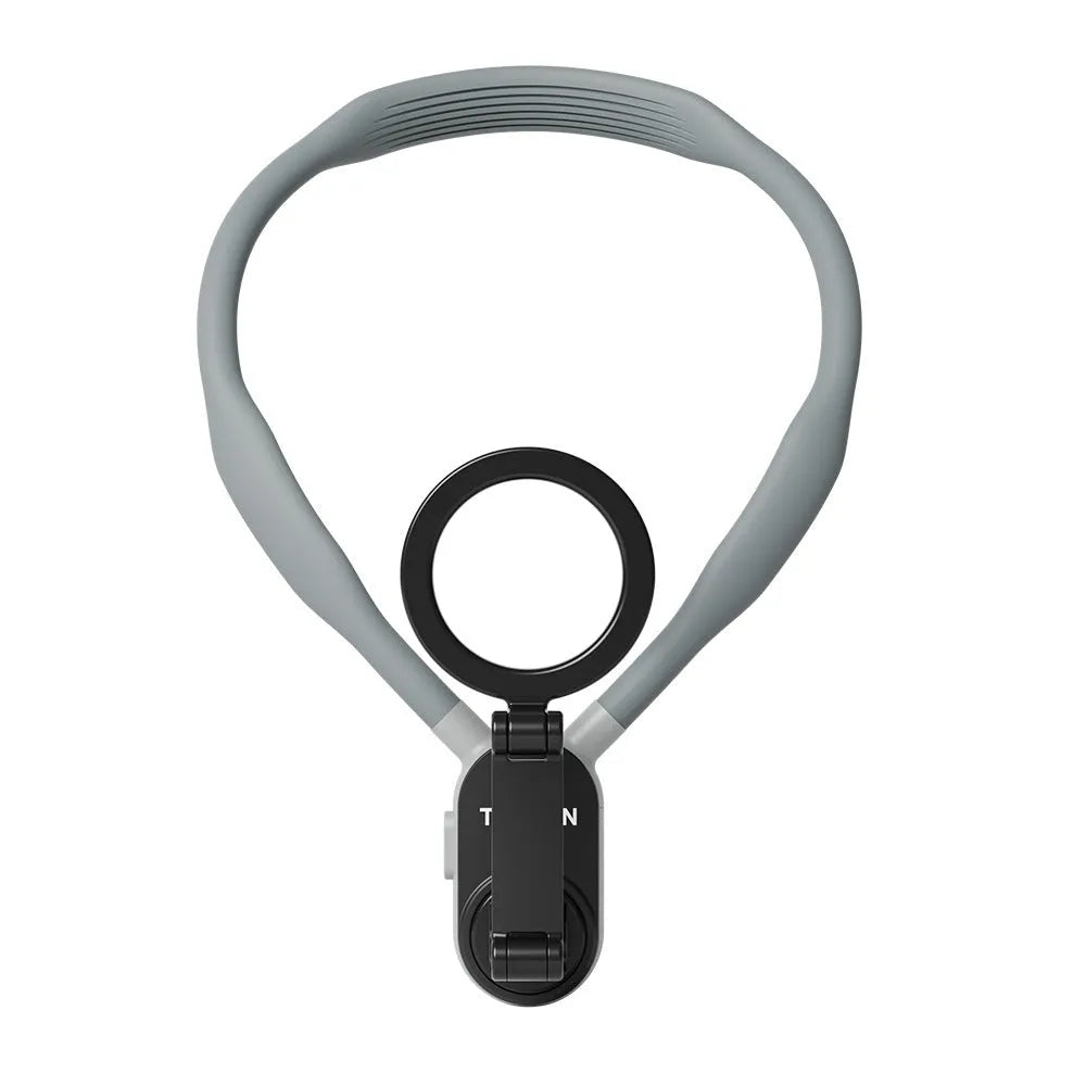 Grey silicone magnetic neck mount for mobile phones shown holding a phone in landscape orientation.