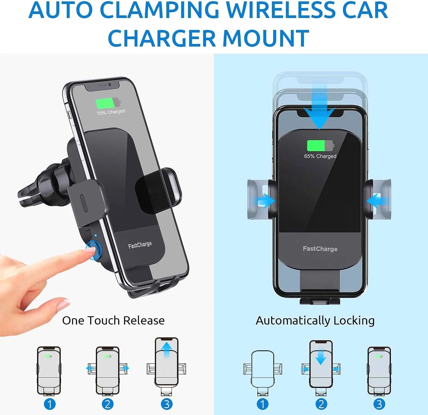 Black bare metal 15W fast wireless car charging stand on a dashboard with air vent clip.