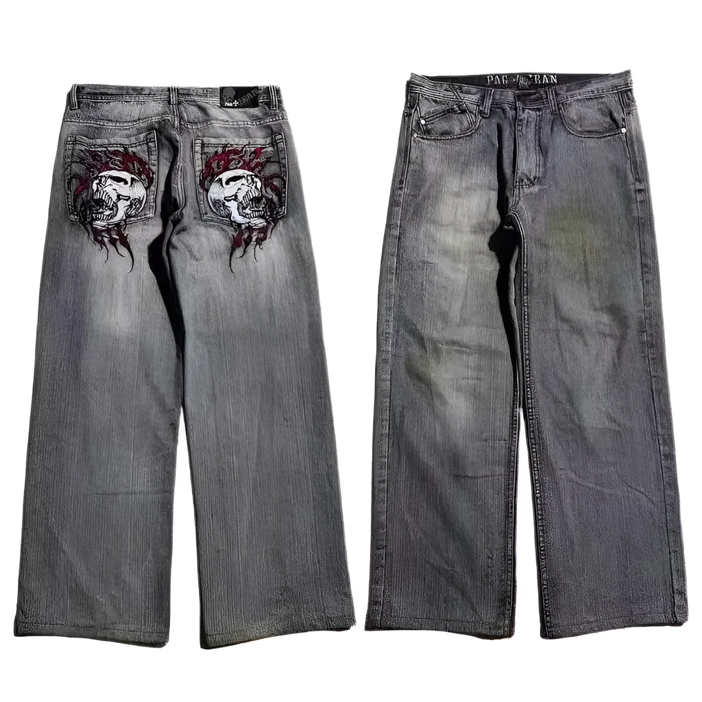 Grey washed-out men's wide-leg jeans with a straight cut on a neutral background.