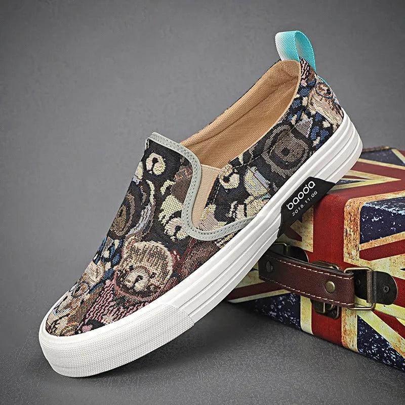 Khaki coloured canvas low-top slip-on sneakers with vulcanised rubber soles and a round toe.