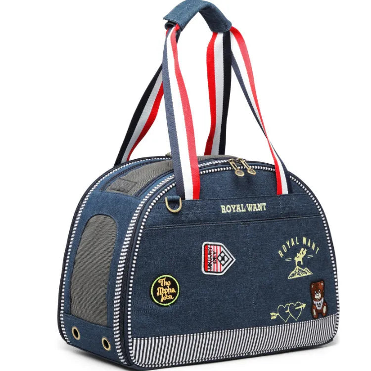 Blue Japanese style denim pet diaper bag with cartoon pattern, 43x20x30cm dimensions