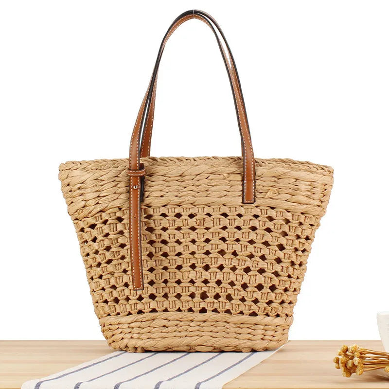 Paper-string woven shoulder bag with file storage compartment and adjustable strap in beige colour