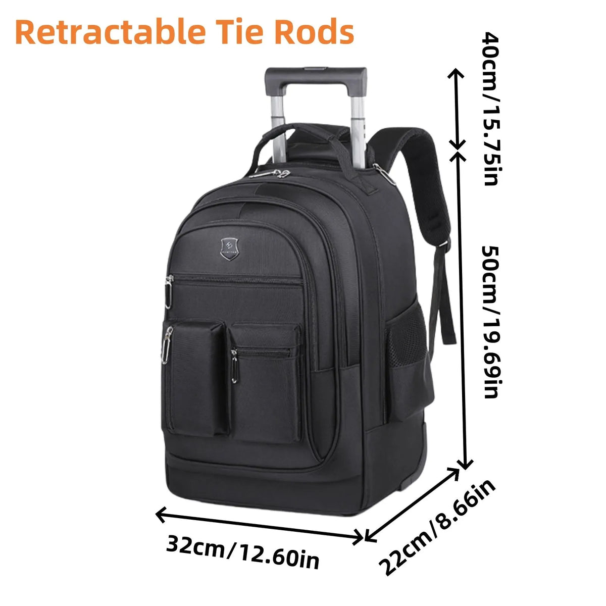 Large capacity multi layer travel backpack with wheels, black colour, standing on a flat surface with telescopic handle extended