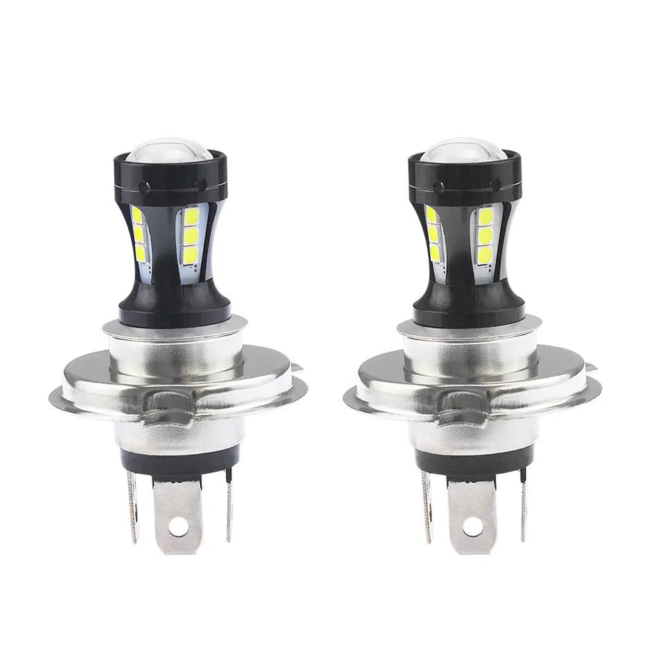 H4 two-color LED motorcycle headlight bulb with aluminium body and glass lens