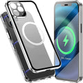 HD Magnetic Card Buckle Protective Cover Metal Case for iPhone 16 series in silver with card attached to magnetic holder.